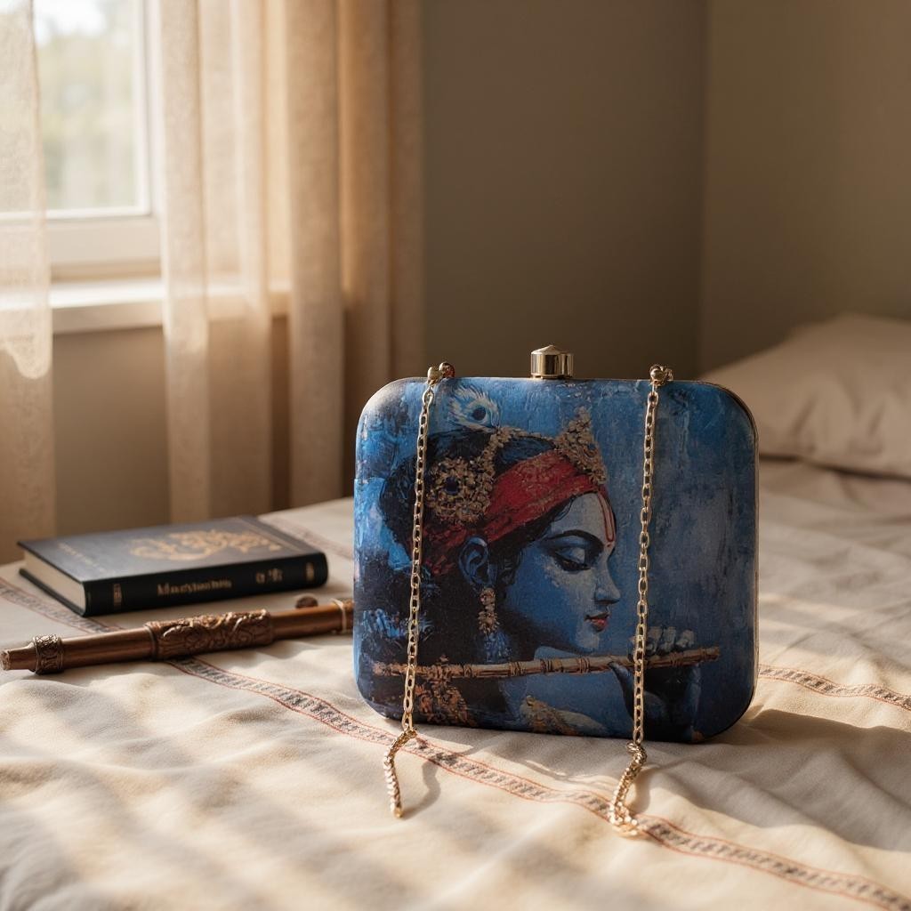 Indian Ethnic Designer Blue Clutch with Krishna with Bansuri Portrait