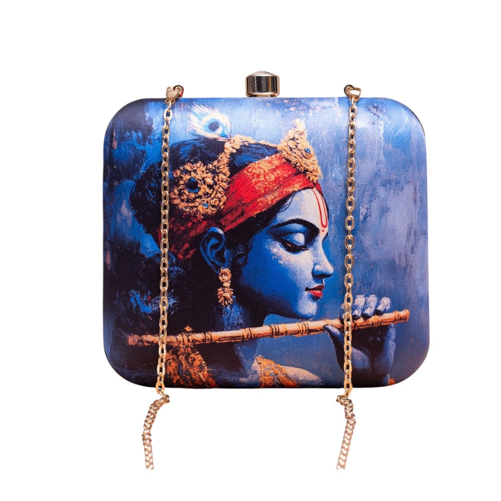 Indian Ethnic Designer Blue Clutch with Krishna with Bansuri Portrait