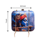 Indian Ethnic Designer Blue Clutch with Krishna with Bansuri Portrait