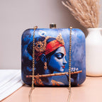 Indian Ethnic Designer Blue Clutch with Krishna with Bansuri Portrait