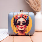 Indian Ethnic Designer Clutch with Lady Portrait Wearing Goggles & Floral Crown