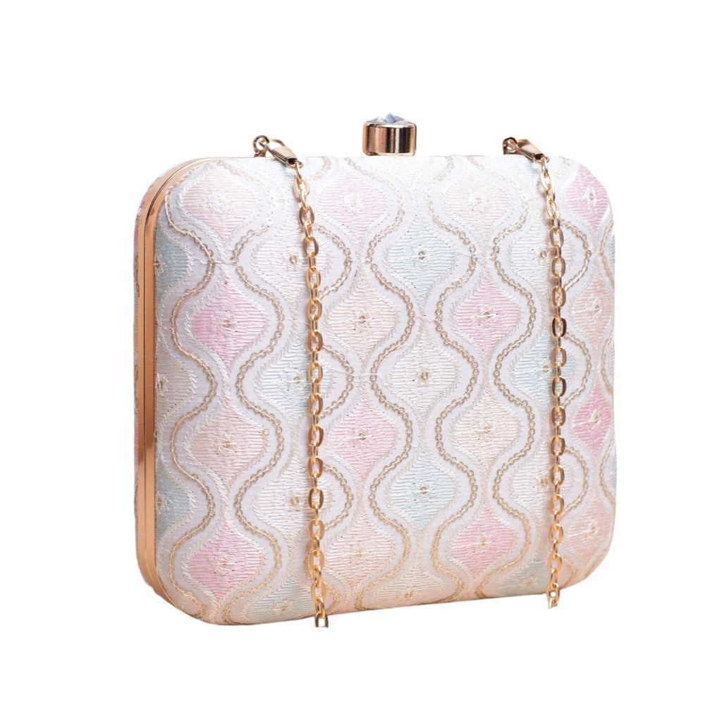 Indian Ethnic Designer White Chikankari Clutch with Wave Design
