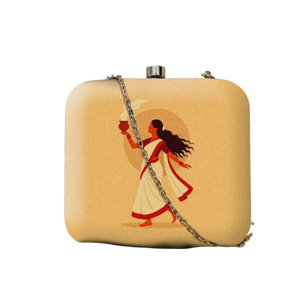 Indian Ethnic Designer Ivory Clutch with Portrait of Women with Dhunuchi
