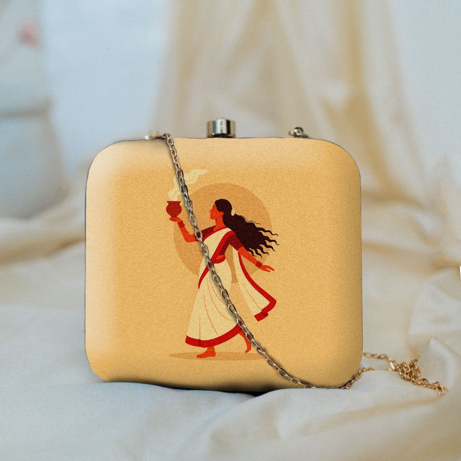 Indian Ethnic Designer Ivory Clutch with Portrait of Women with Dhunuchi