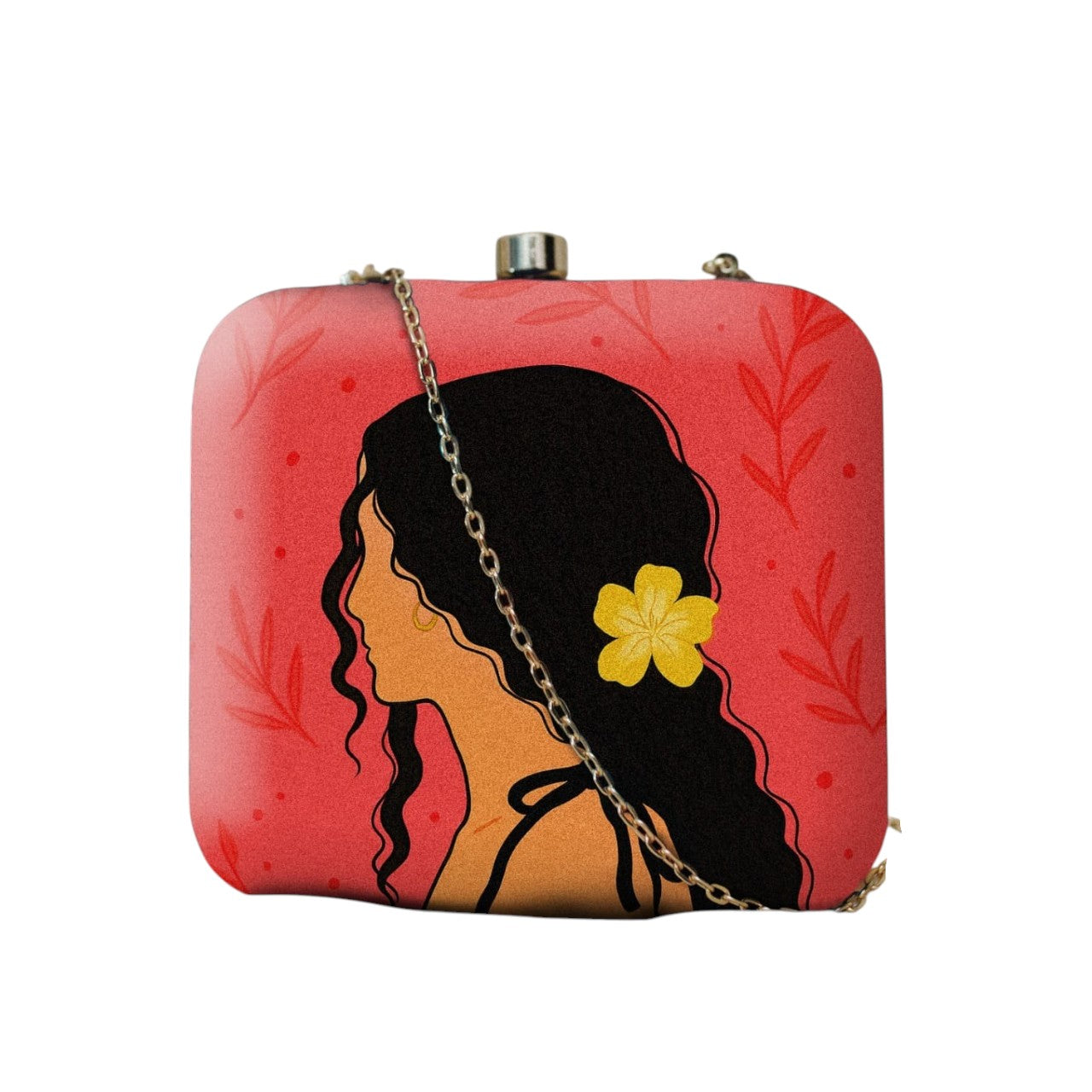 Indian Ethnic Designer Red Clutch with Portrait of Women with Curly Hair