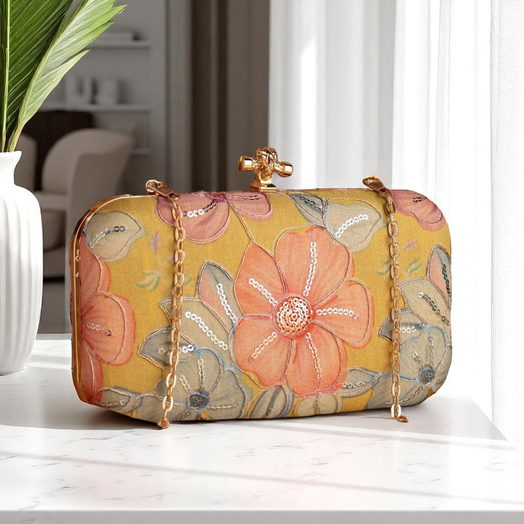 Indian Ethnic Designer Clutch with Ethnic Embroidery of Flower Design