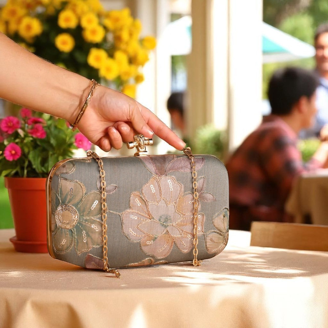 Indian Ethnic Designer Clutch with Ethnic Embroidery of Flower Design