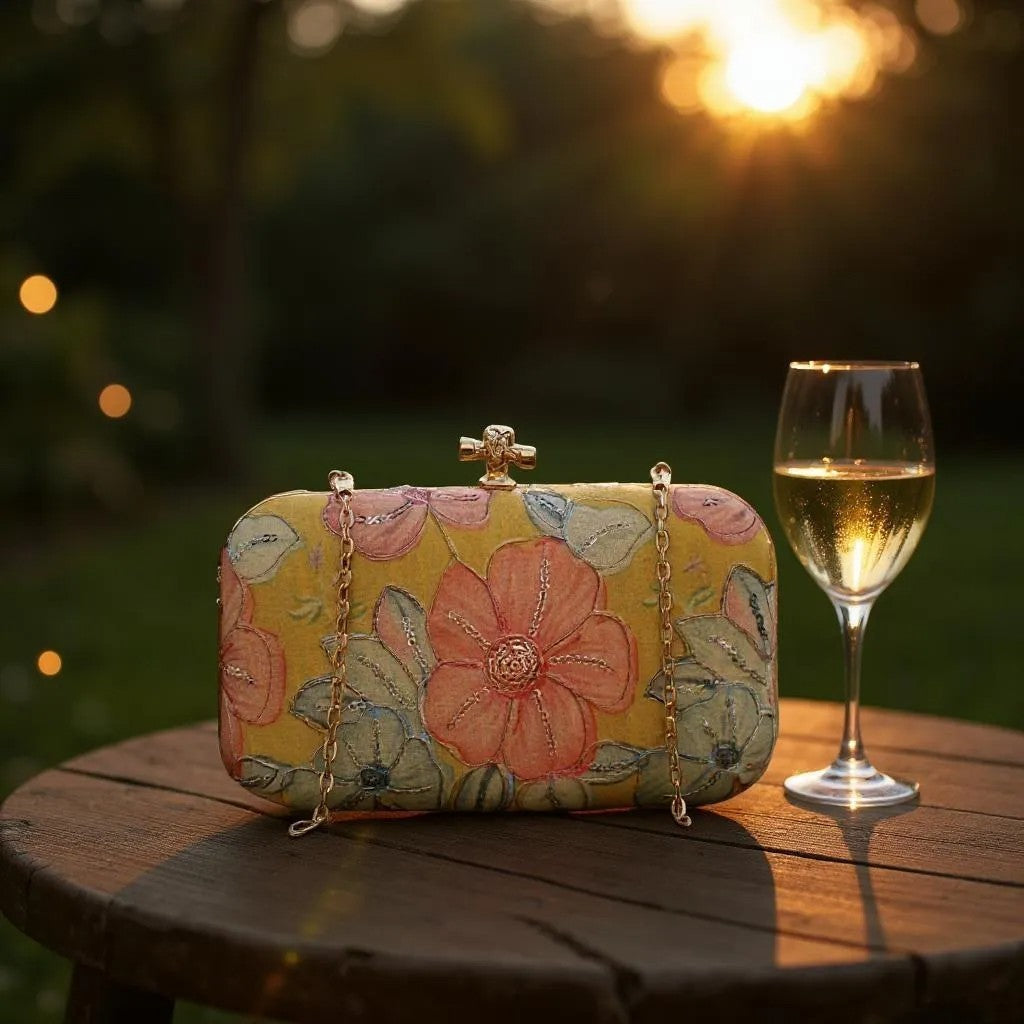 Indian Ethnic Designer Clutch with Ethnic Embroidery of Flower Design
