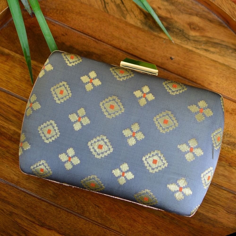 Exclusive Gray Clutch with Golden Zari Butti Design