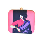 Indian Ethnic Designer Pink Clutch with Women Portrait in Purple Saree
