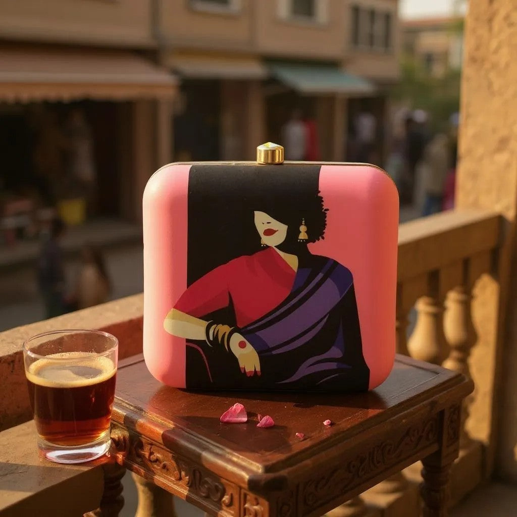 Indian Ethnic Designer Pink Clutch with Women Portrait in Purple Saree