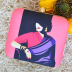 Indian Ethnic Designer Pink Clutch with Women Portrait in Purple Saree