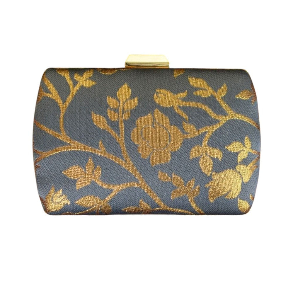 Indian Ethnic Designer Gray Clutch with Golden Floral Design