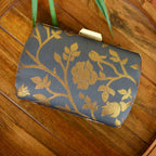 Indian Ethnic Designer Gray Clutch with Golden Floral Design