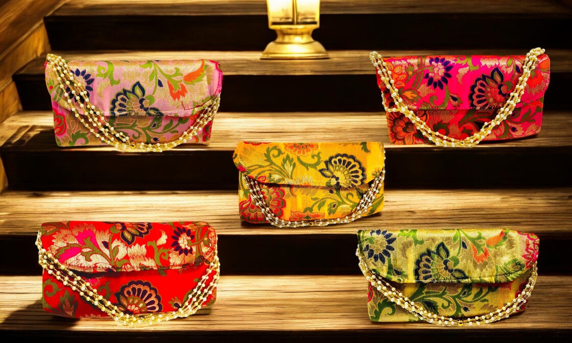 Banarsi Silk Clutch with Pearl Belt , Set of 5