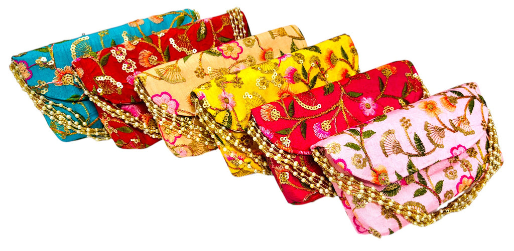Embroidered Silk Clutch with Pearl Belt , Set of 5