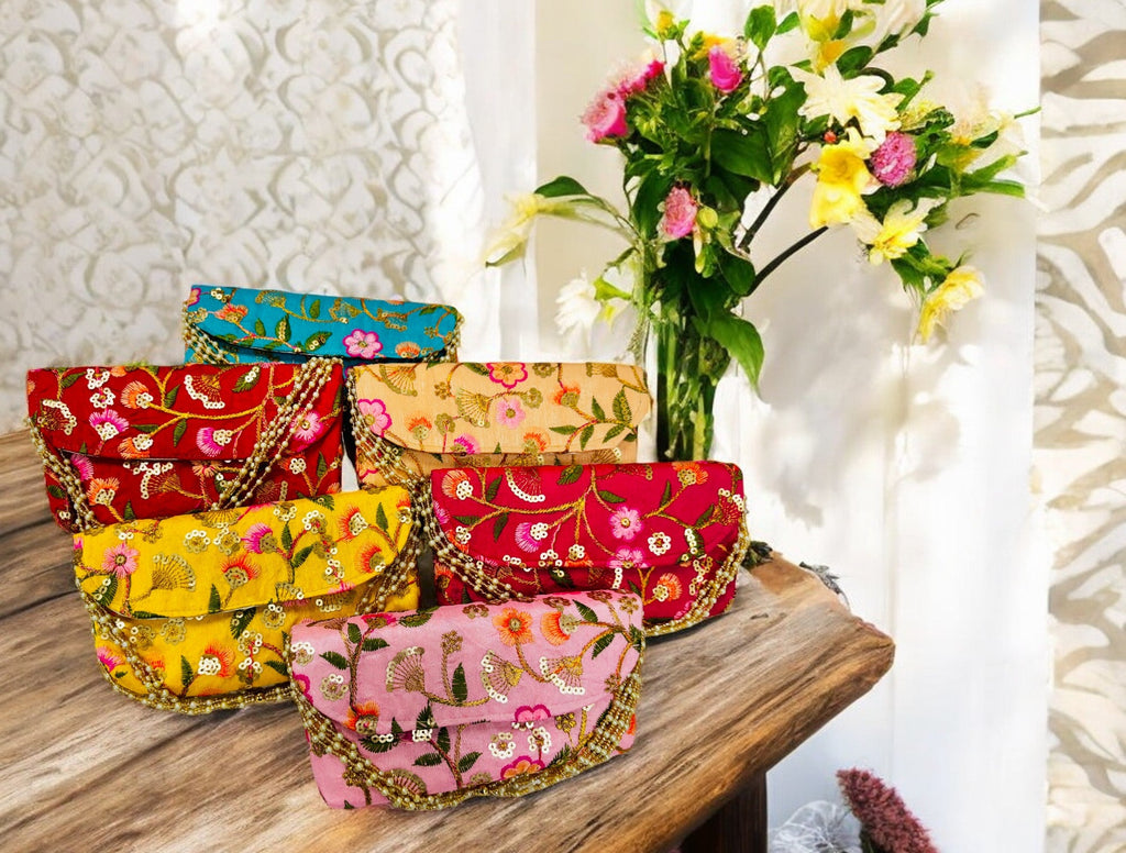 Embroidered Silk Clutch with Pearl Belt , Set of 5