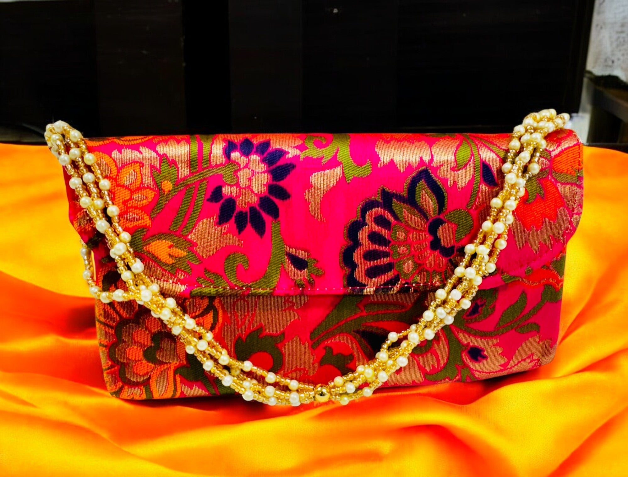 Banarsi Silk Clutch with Pearl Belt