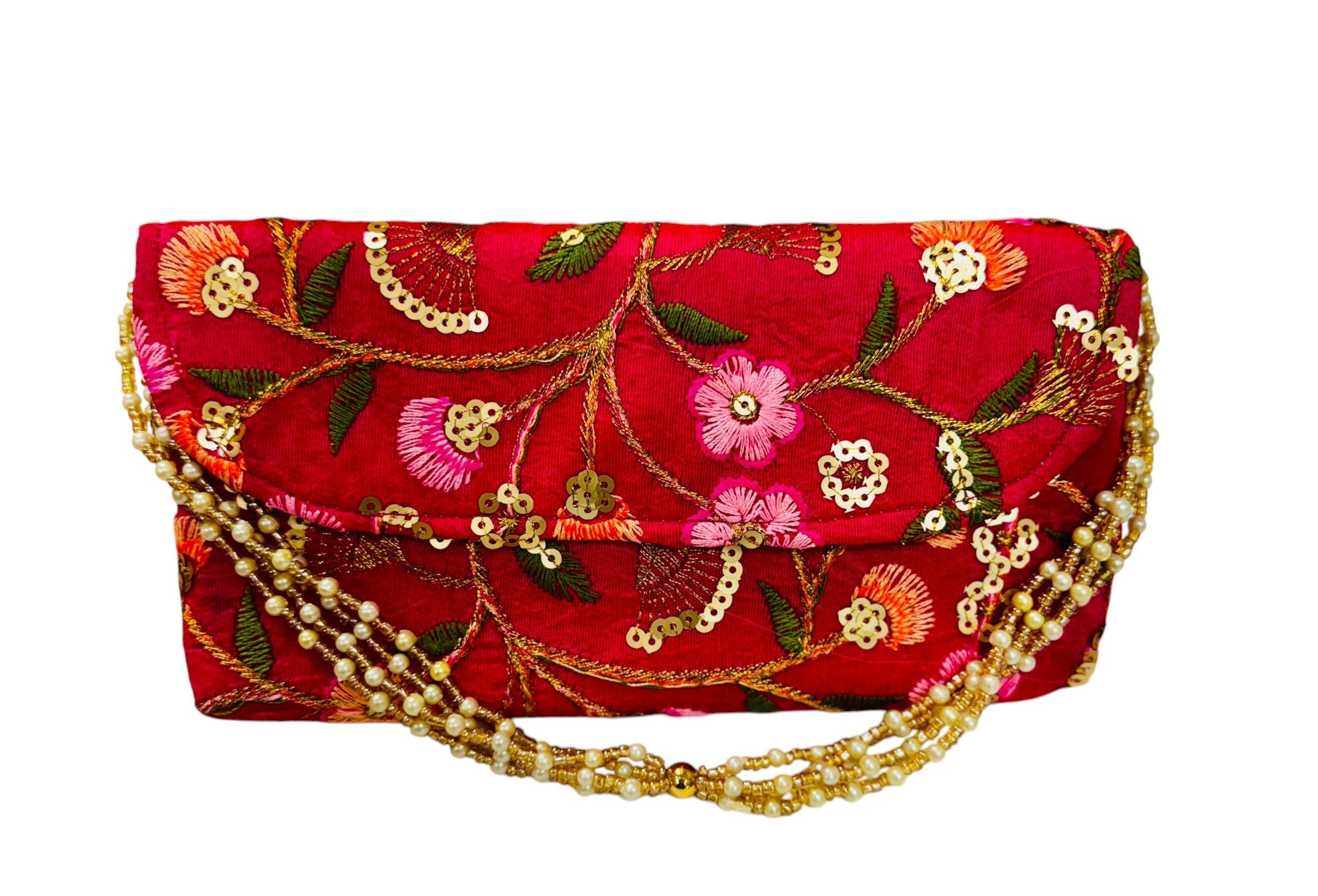 Embroidered Silk Clutch with Pearl Belt