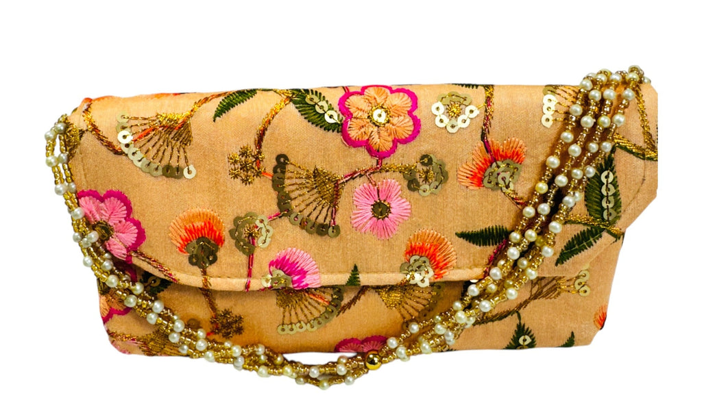 Embroidered Silk Clutch with Pearl Belt
