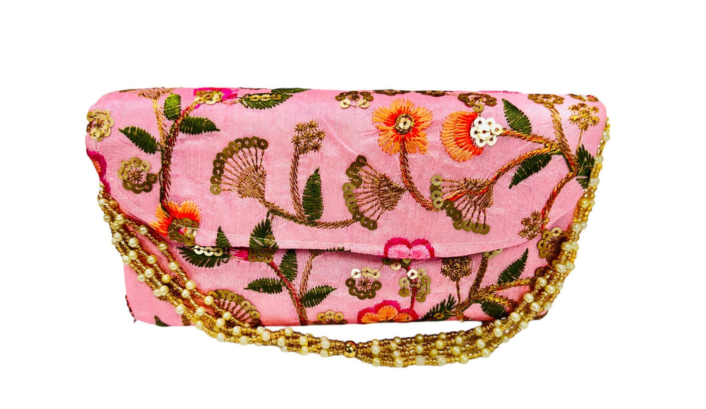 Embroidered Silk Clutch with Pearl Belt