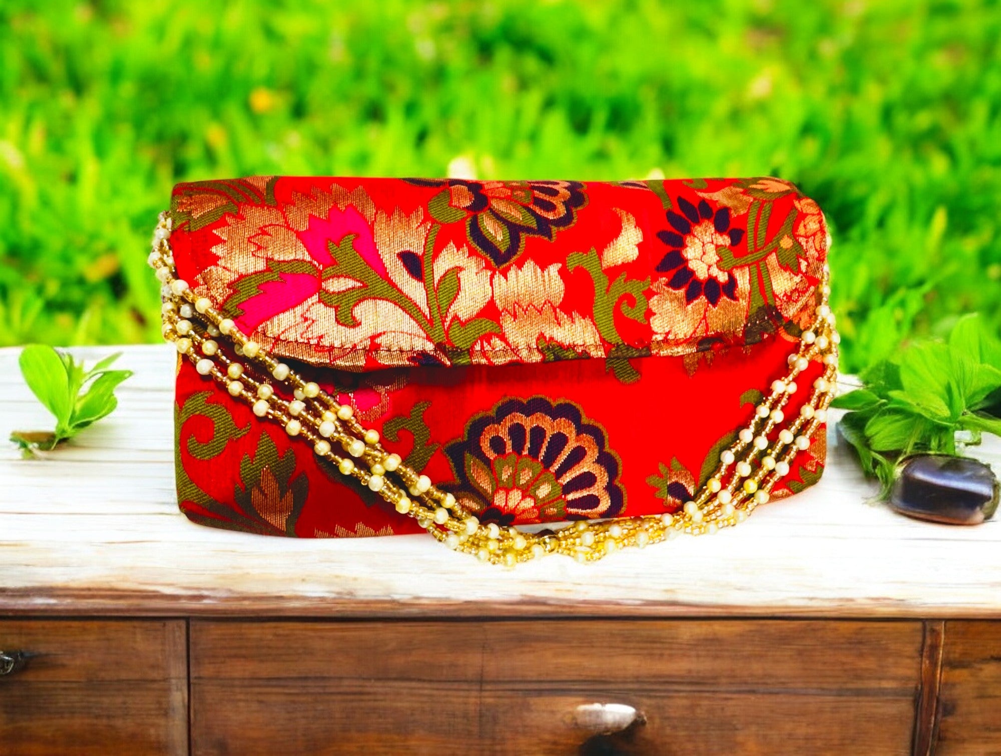 Banarsi Silk Clutch with Pearl Belt