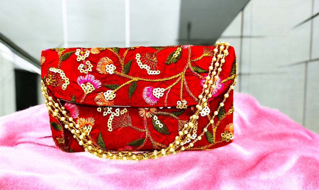 Embroidered Silk Clutch with Pearl Belt