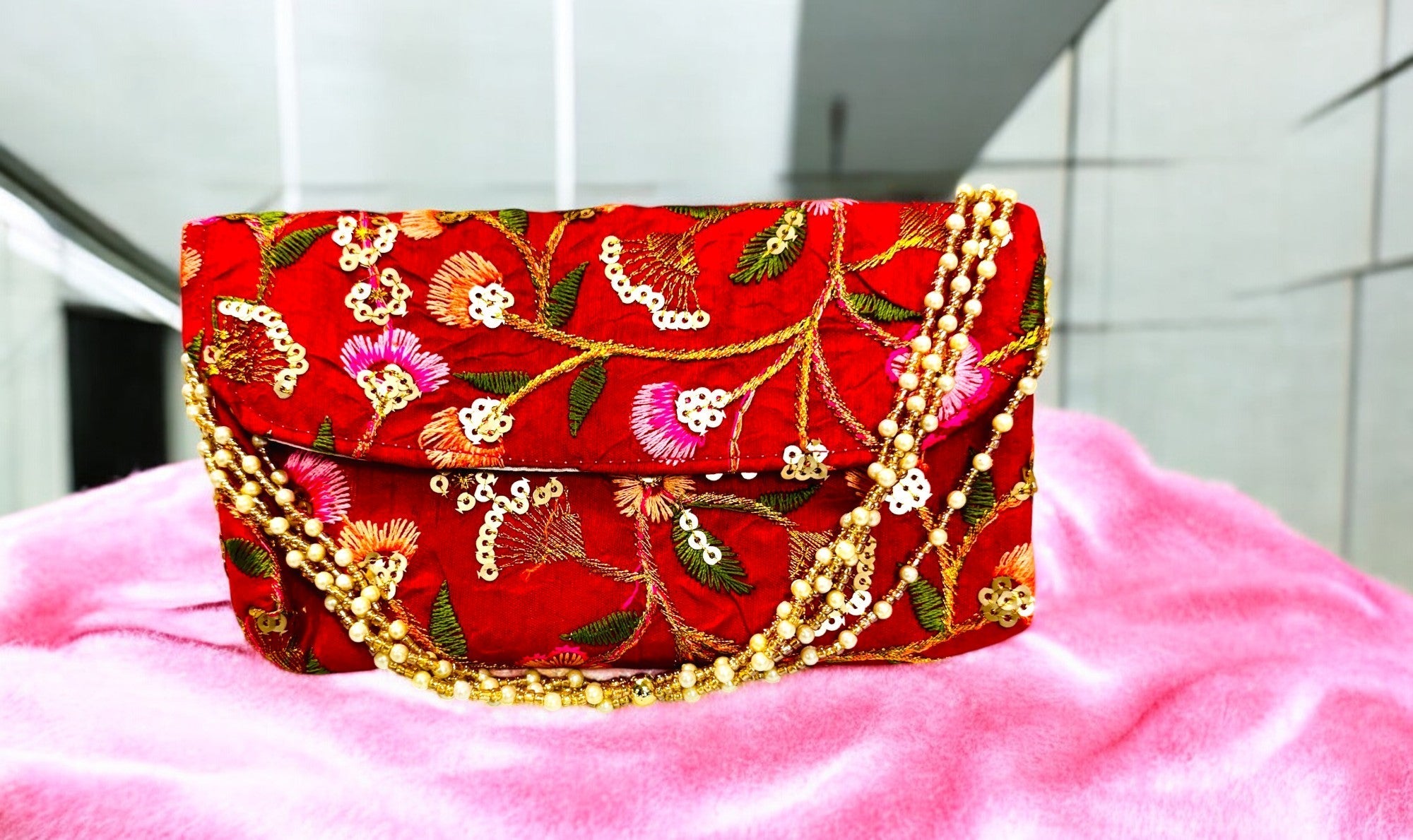 Embroidered Silk Clutch with Pearl Belt