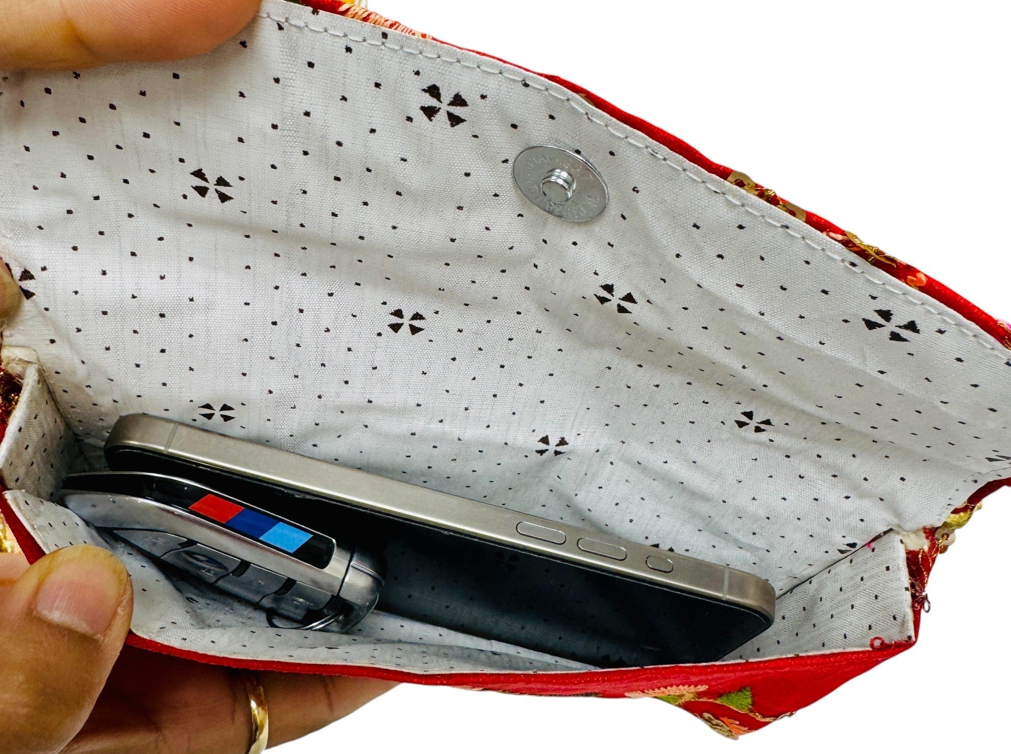 Embroidered Silk Clutch with Pearl Belt