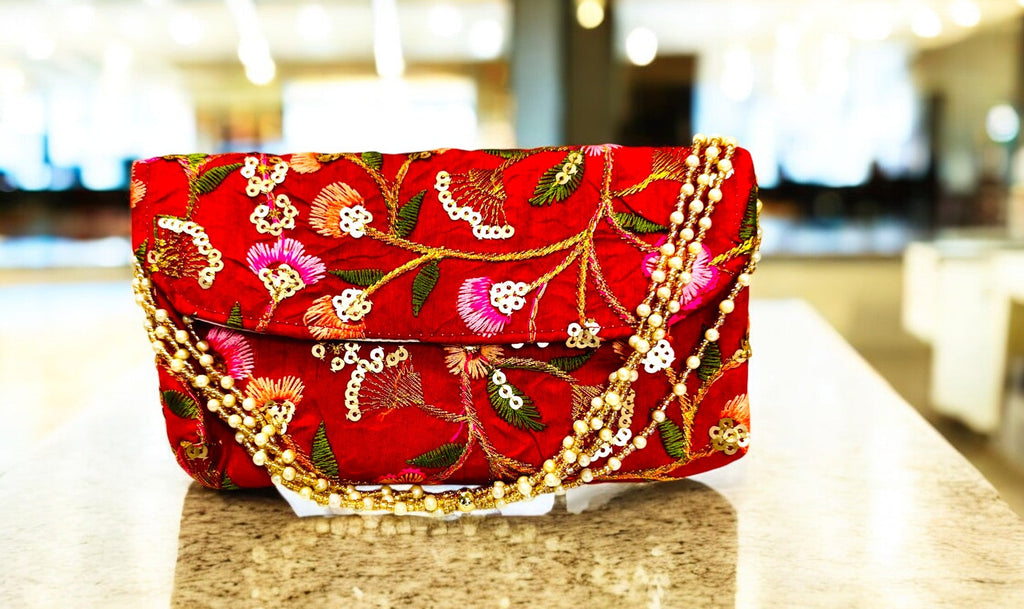Embroidered Silk Clutch with Pearl Belt