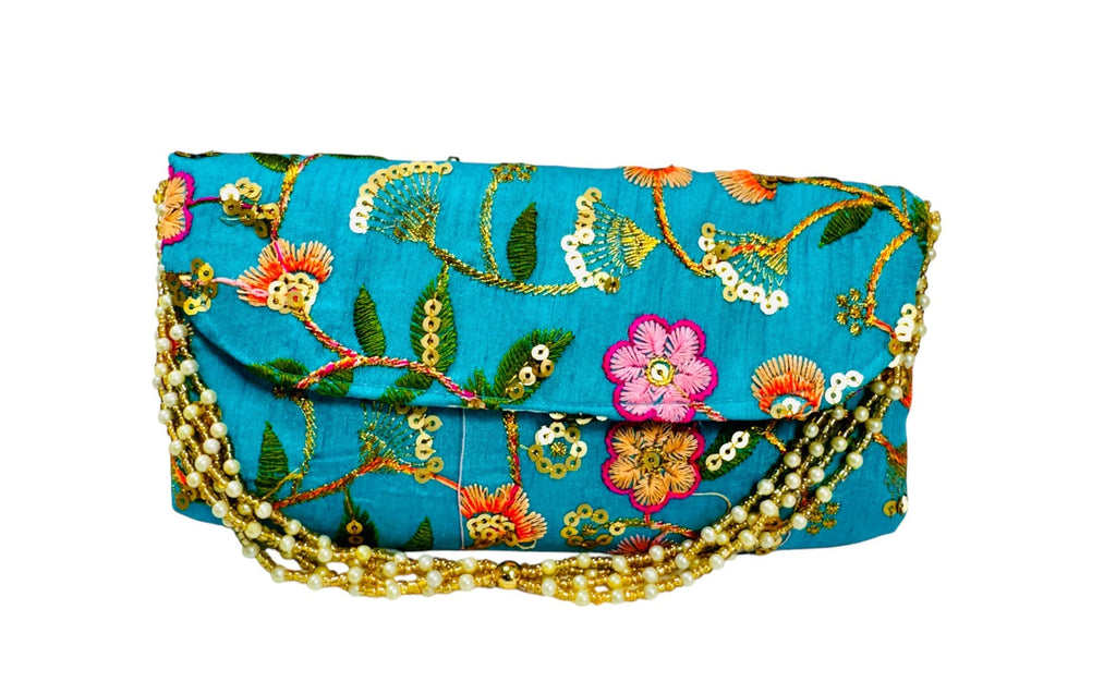 Embroidered Silk Clutch with Pearl Belt