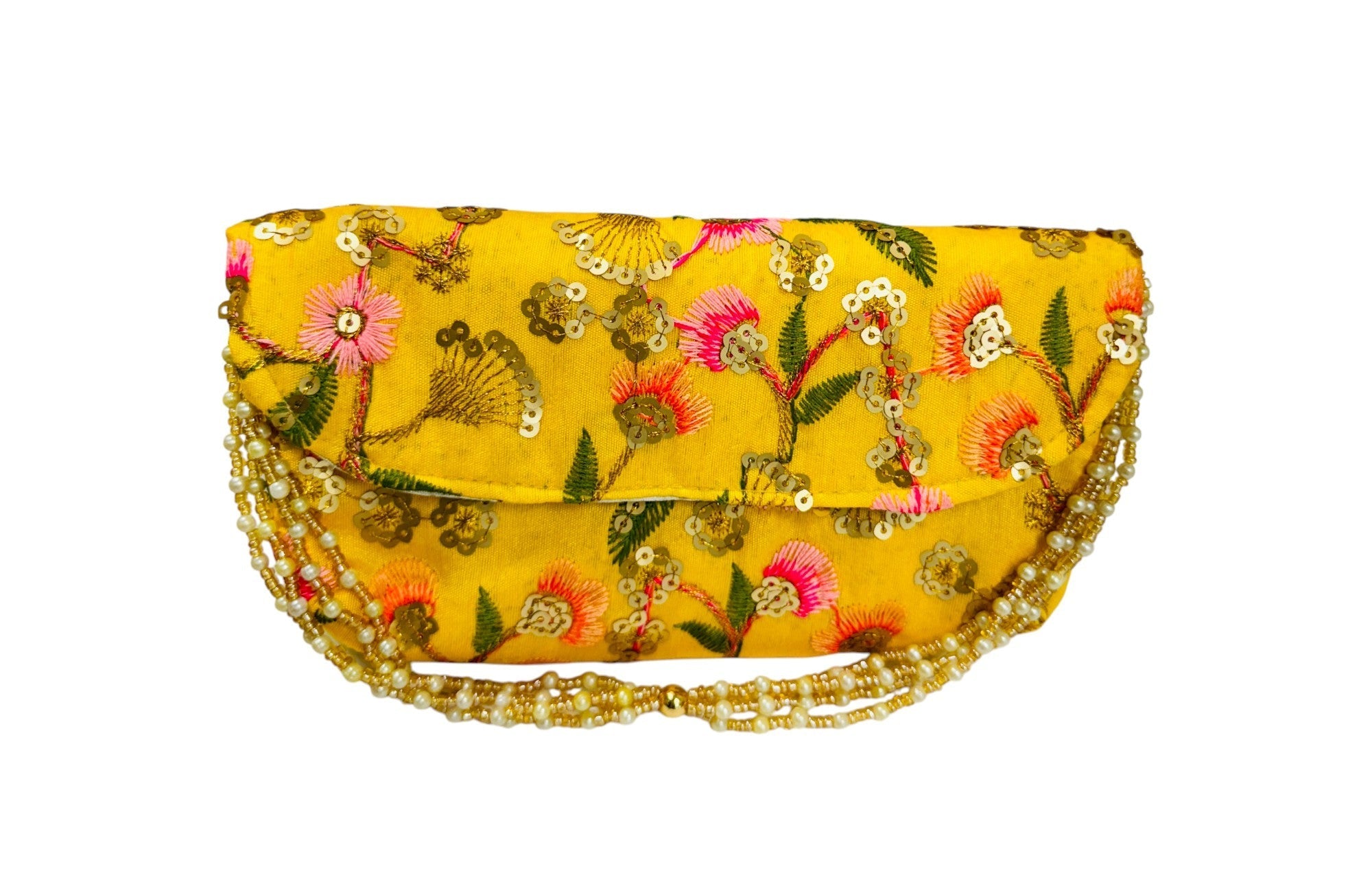 Embroidered Silk Clutch with Pearl Belt