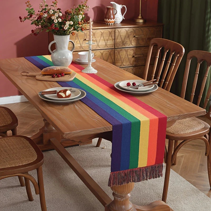 Rainbow Stripe Woven Table Runner With Colorful Fringe (3 sizes)