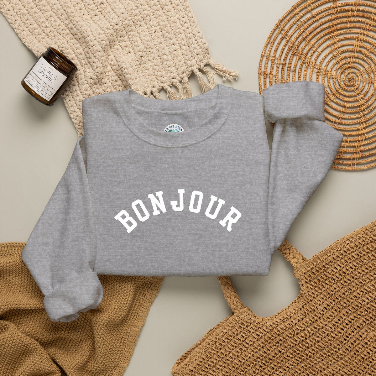 Bonjour embroidered collegiate Crewneck Sweatshirt, Minimal French Graphic Pullover