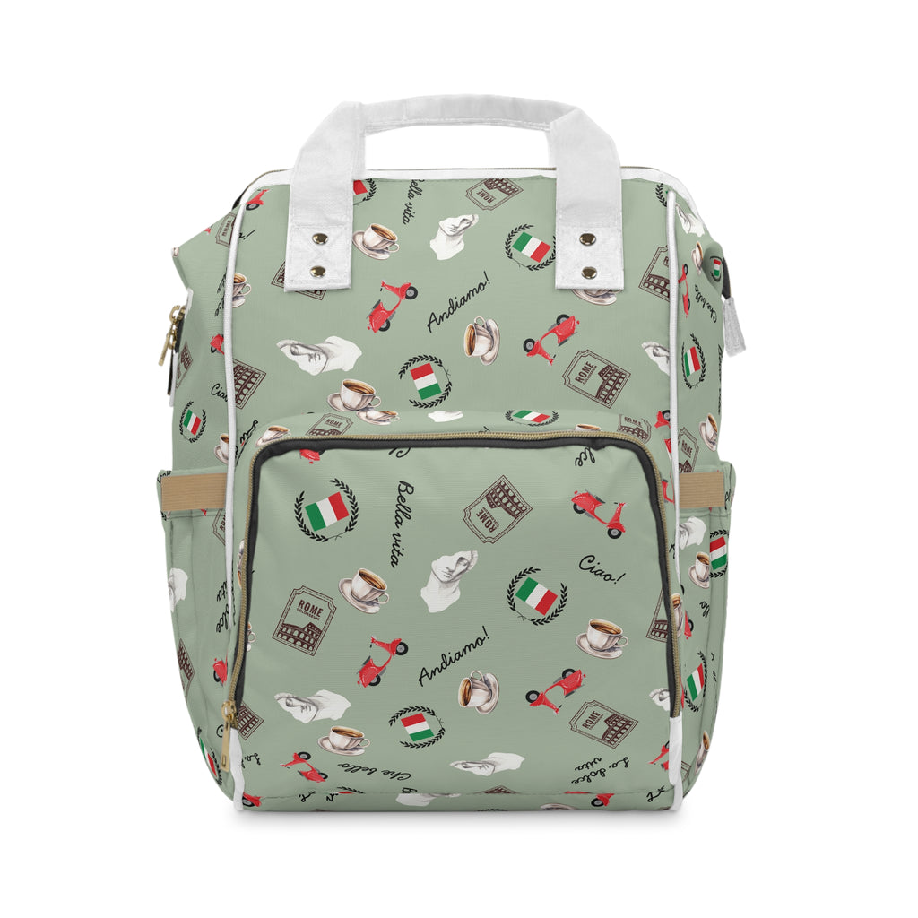 Italian chic Pattern Diaper Backpack with espresso, scooter, Italian flag, and Italian phrases