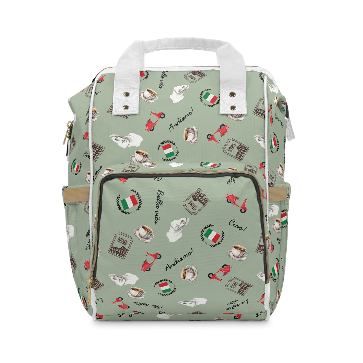 Italian chic Pattern Diaper Backpack with espresso, scooter, Italian flag, and Italian phrases