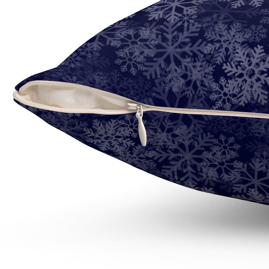 Joyeux Noël dark blue Holiday Throw Pillow, Festive Winter Village Décor with snowflake print and cozy winter theme