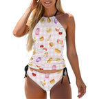 Pink gingham foodie print 2-Piece Women's Tankini Set with High Neck Halter Top with juice cans, sushi, hot dogs and hamburgers