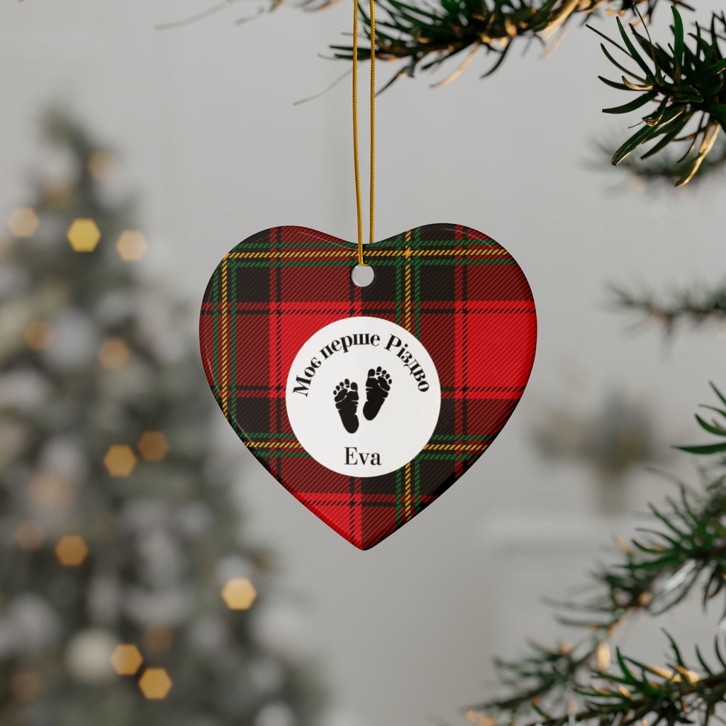 Моє перше Різдво Custom Ukrainian My First Christmas ornament - baby footprints Ornament, Ceramic Round red tartan Plaid