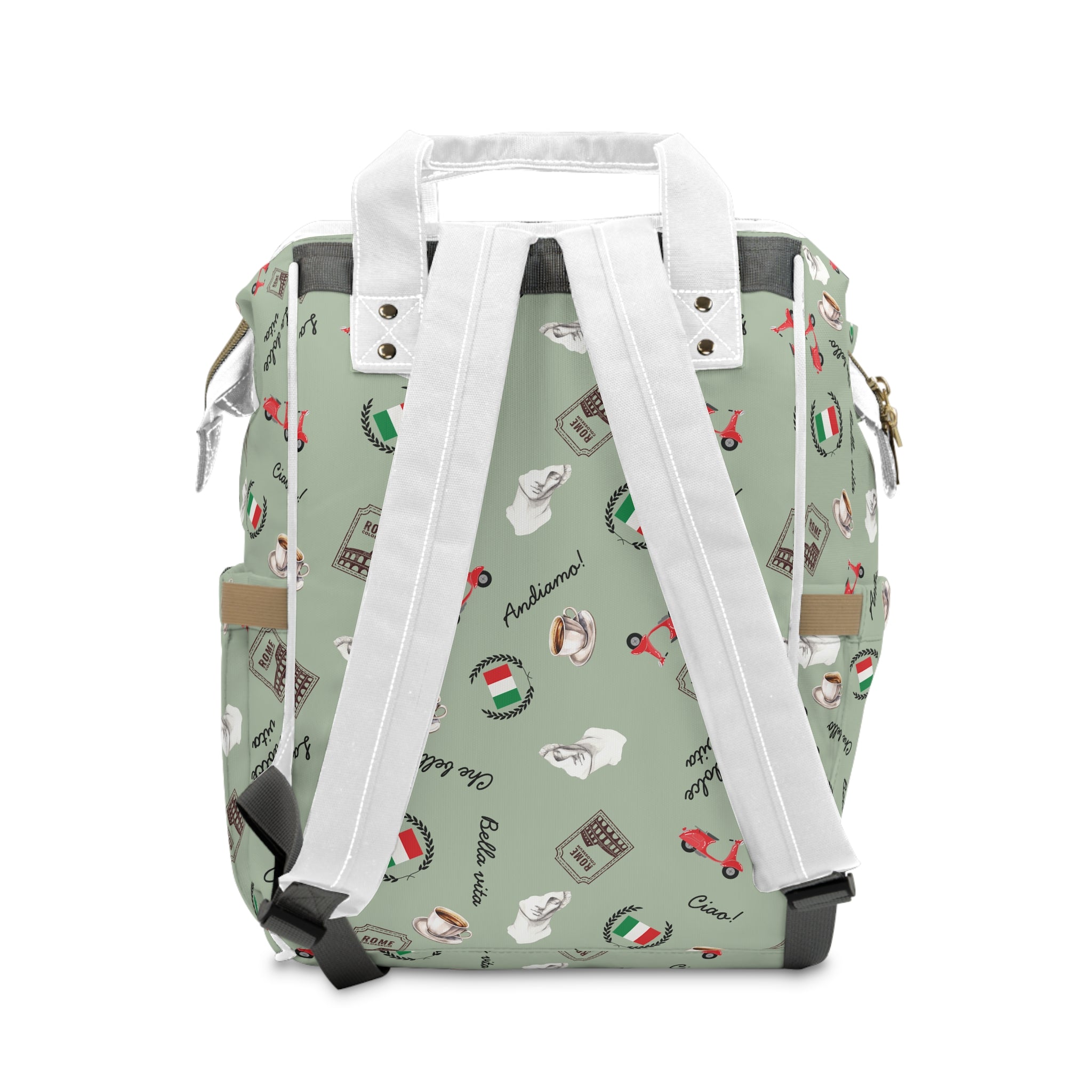 Italian chic Pattern Diaper Backpack with espresso, scooter, Italian flag, and Italian phrases