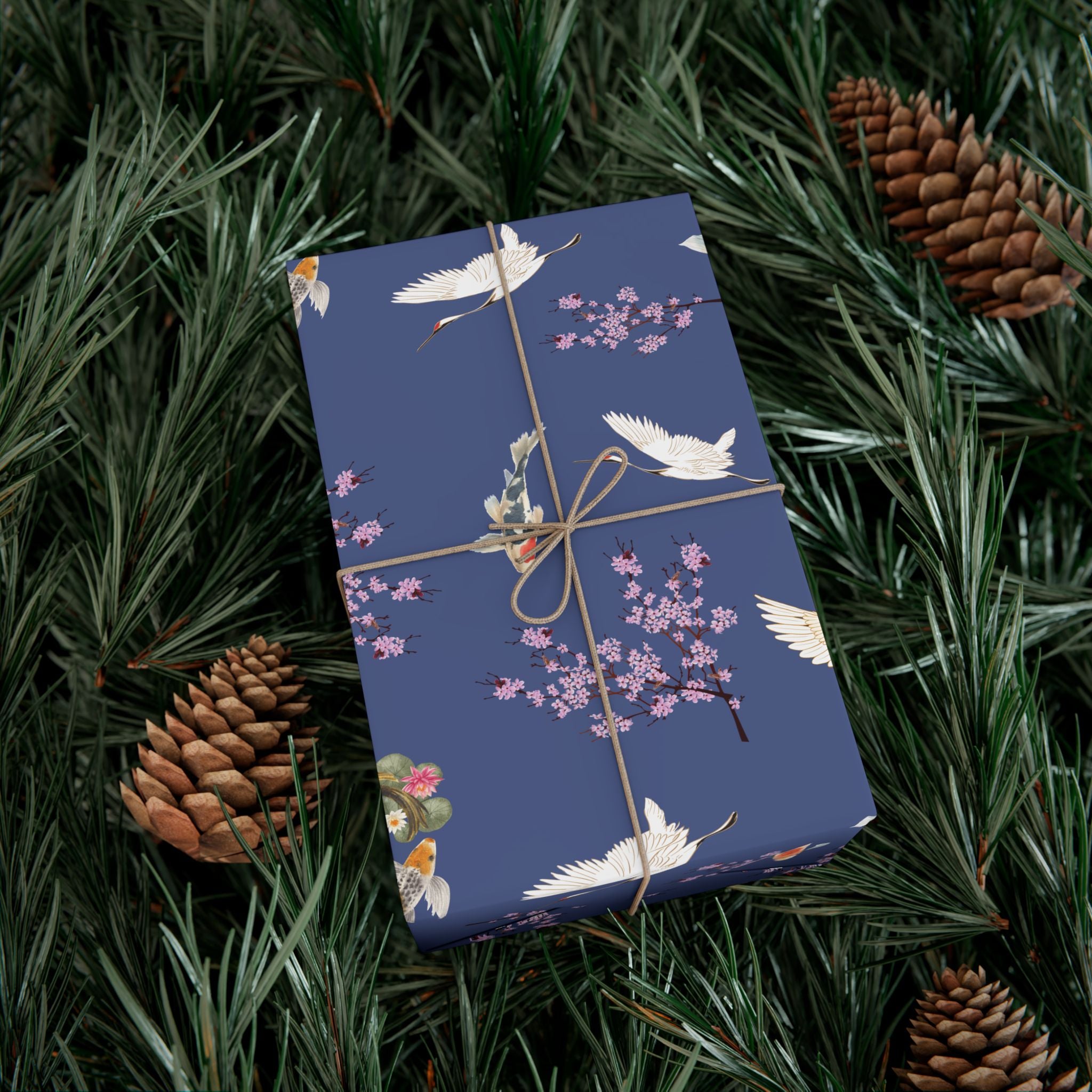 Elegant Koi Fish Cherry Blossom Gift Wrap, indigo Blue Wrapping Paper, Crane Pattern