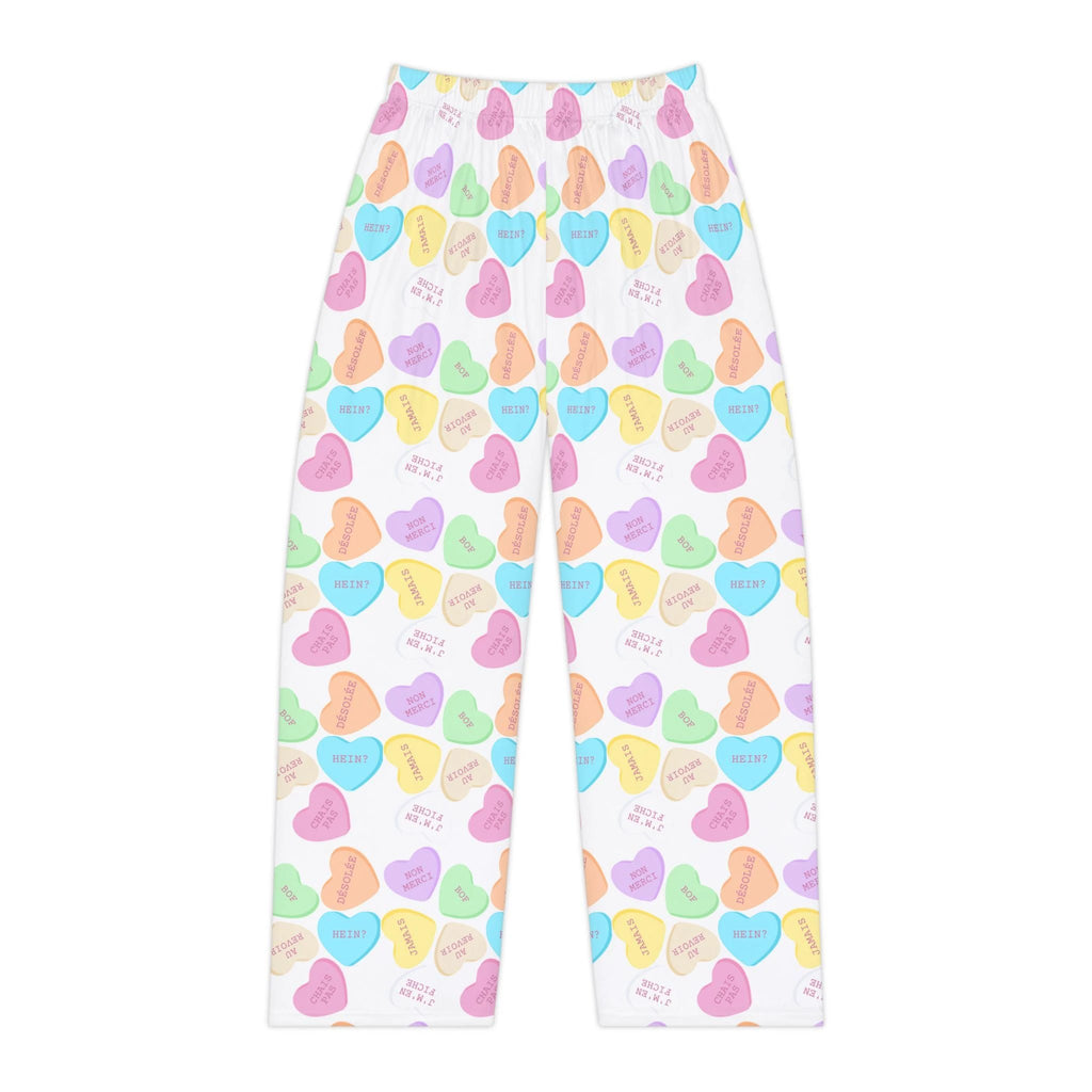Sassy French Candy Heart Pajama Pants, Pastel Conversation Hearts Print Sleepwear by Printify