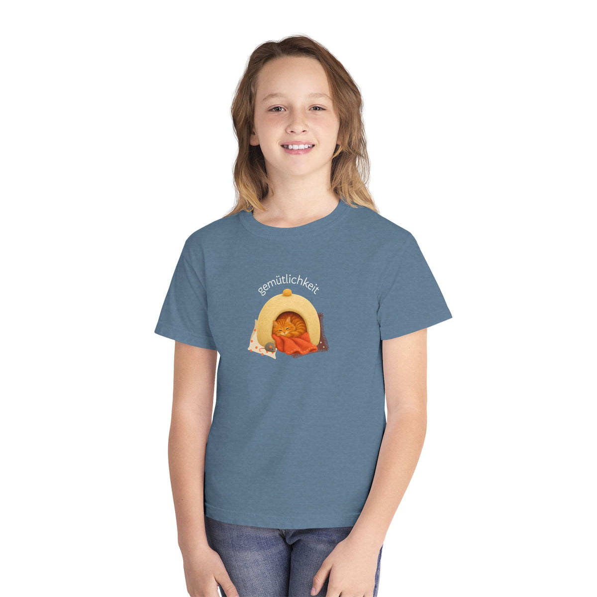 Gemütlichkeit Cozy Cat Youth Tee – German-Inspired Kids Graphic Shirt