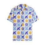 Men's Talavera Sol Polo Short Sleeve Shirt - Blue tile print with sun pattern