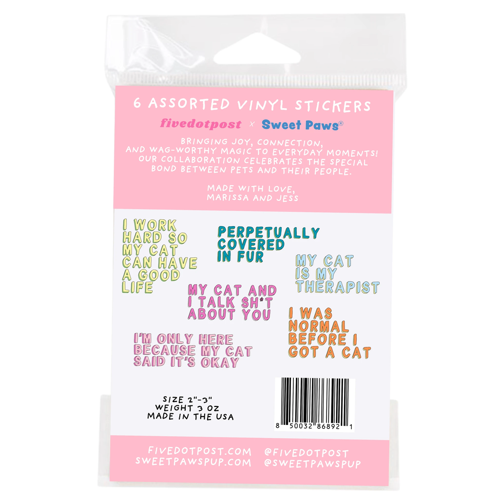 Cat Parent Vinyl Sticker Pack – Set of 6 Pet Owner Stickers by Five Dot Post