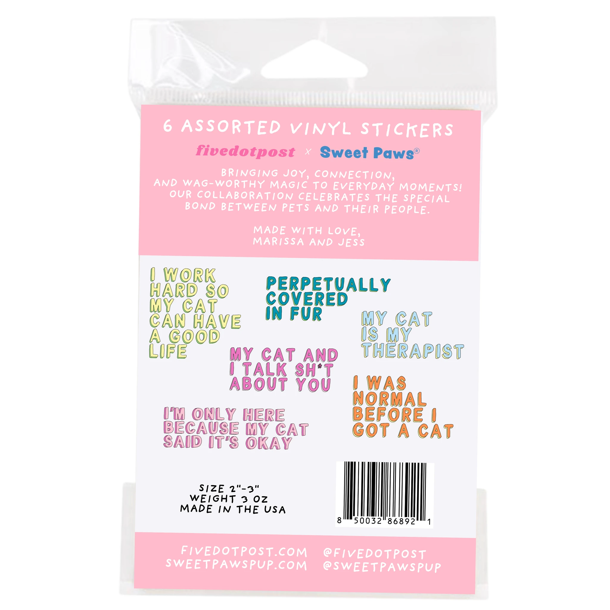 Cat Parent Vinyl Sticker Pack – Set of 6 Pet Owner Stickers by Five Dot Post