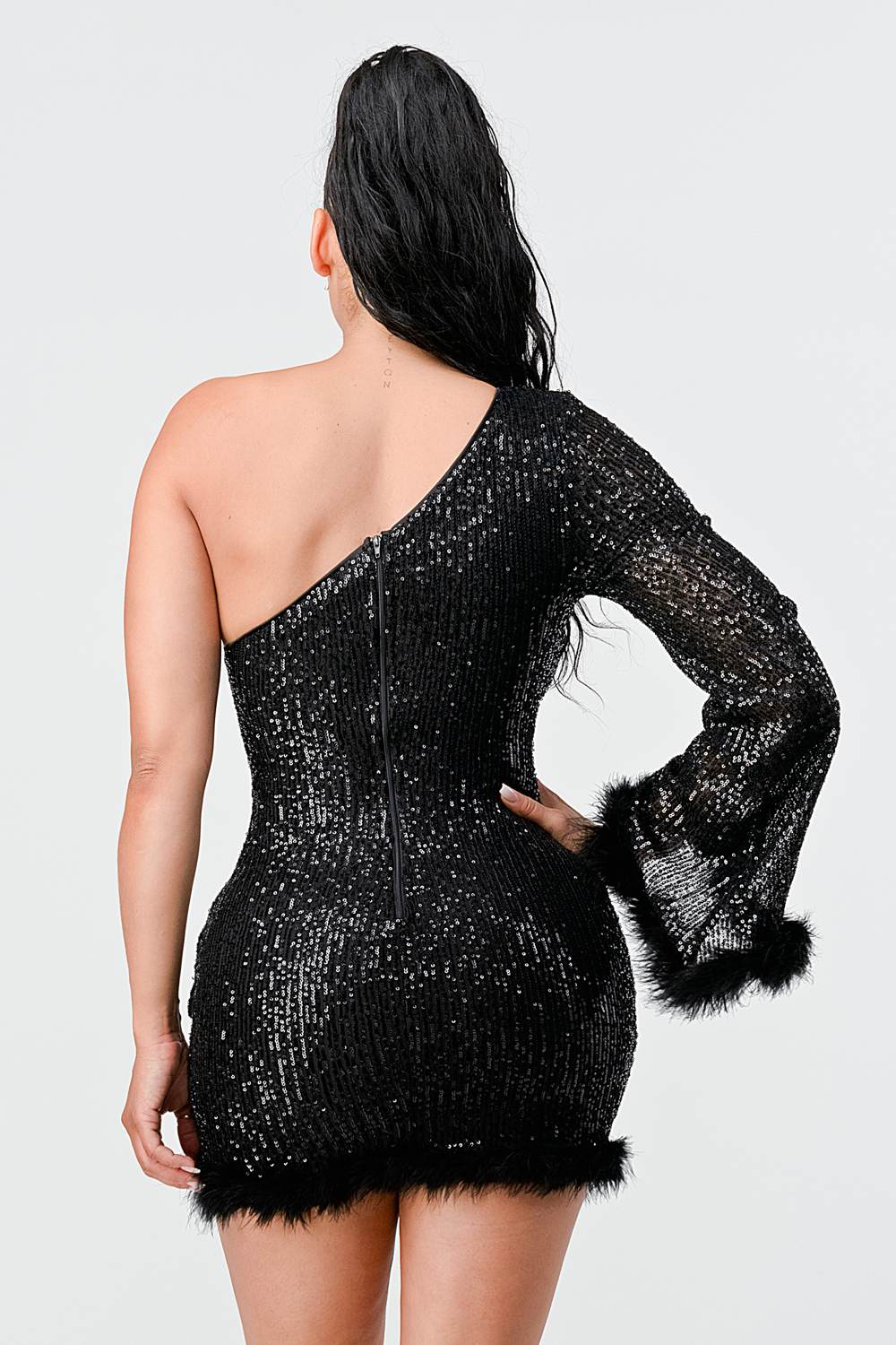 LUX FUR TRIM SEQUINS KIMONO SLEEVES ONE SHOULDER BODYCON MINI DRESS