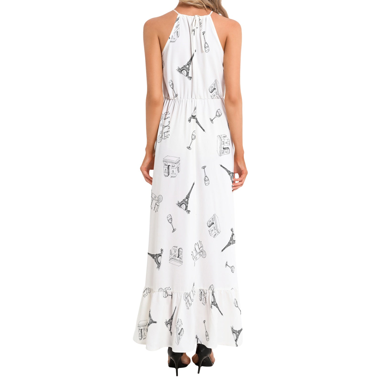 Parisian landmarks Ruffle Hem Halter Neck Maxi Dress, featuring Eiffel Tower, Arc de Triomphe, Wine glasses and bistro table with chairs