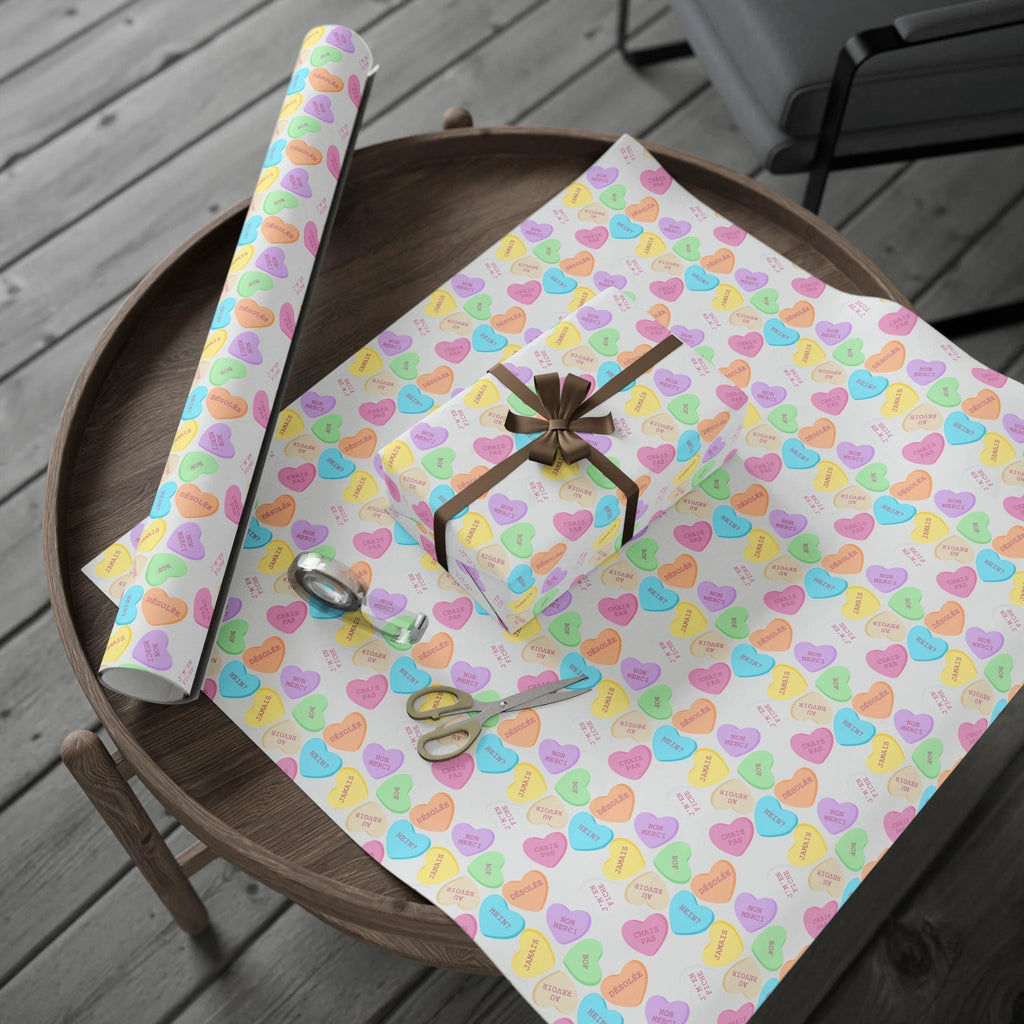 Sassy French Conversation candy Heart Wrapping Paper, Pastel Valentine Gift Wrap by Printify