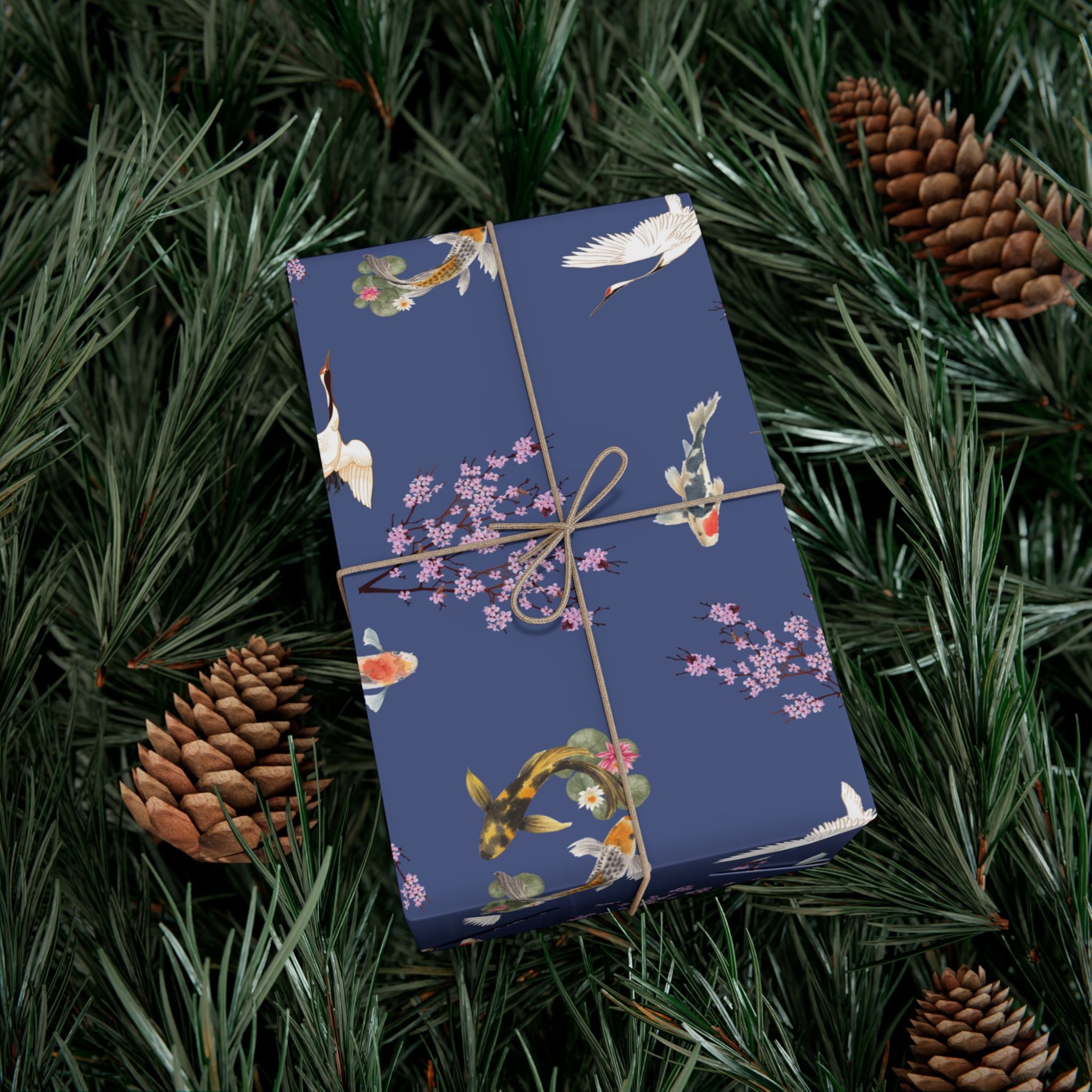 Elegant Koi Fish Cherry Blossom Gift Wrap, indigo Blue Wrapping Paper, Crane Pattern